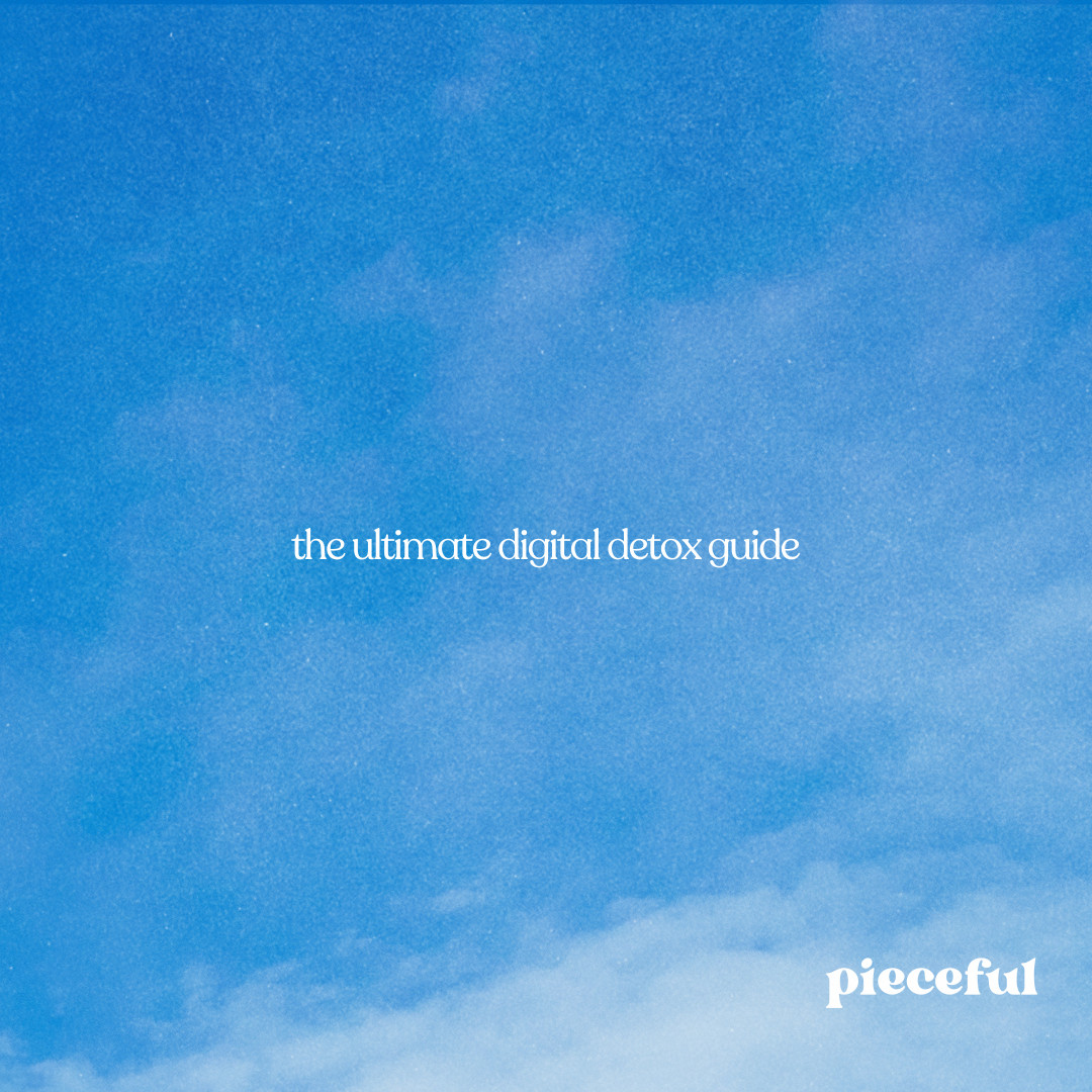 White text against a bright, grainy blue sky background with clouds reads: "the ultimate digital detox guide." The company logo "pieceful" is in the bottom right corner.