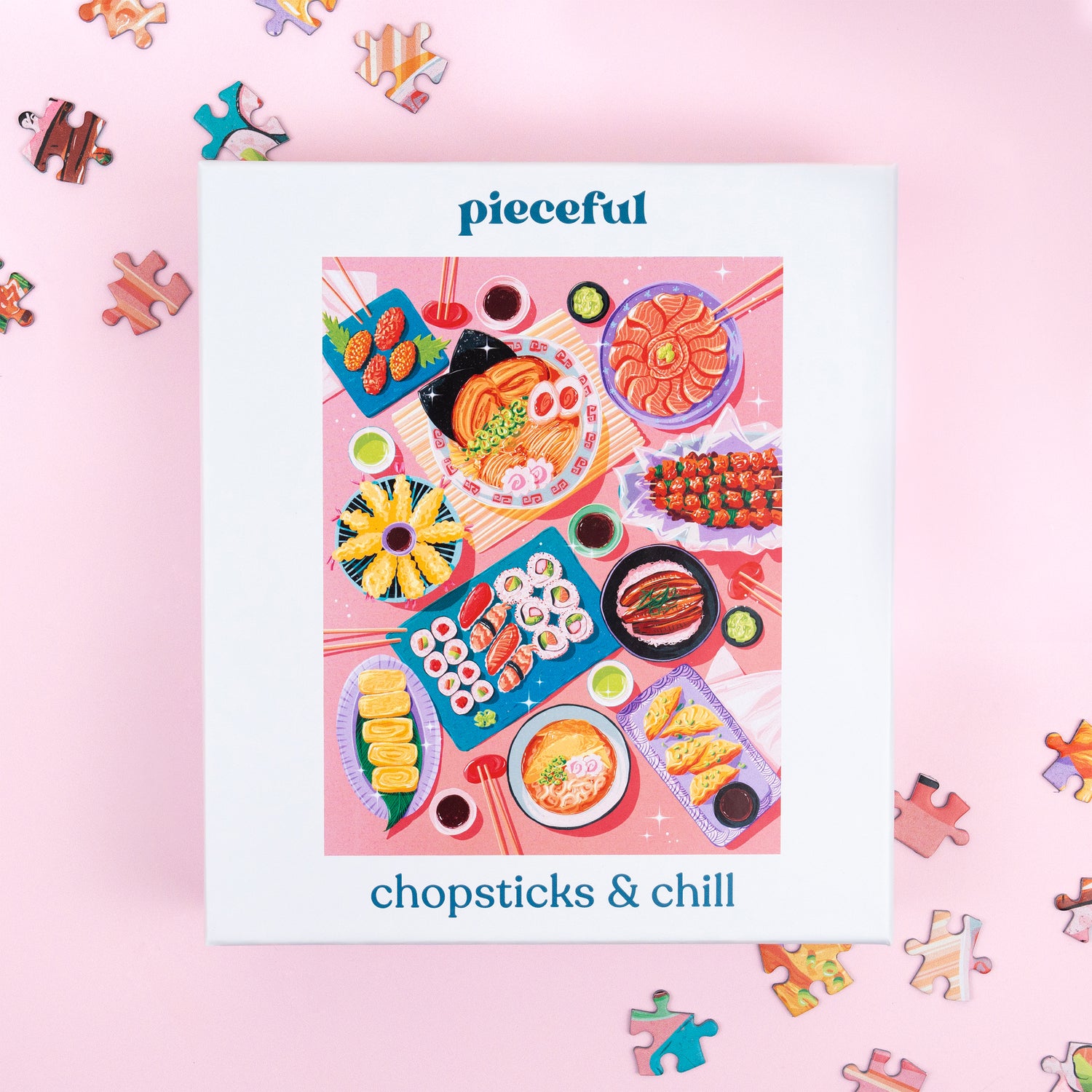 Pieceful 'Chopsticks & Chill' puzzle box with colorful illustrations of food on a pink background.